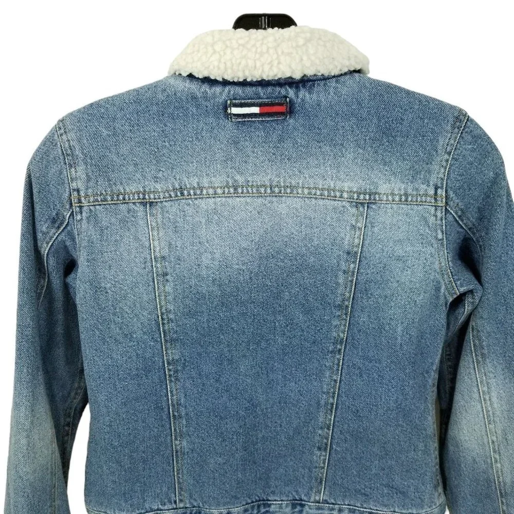 Tommy Hilfiger Kids Vintage Denim Jacket Blue Sz L Faux Sherpa Collar Cuffs Logo - Picture 2 of 13